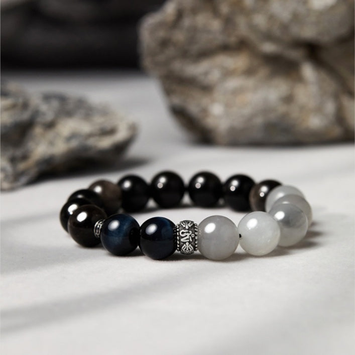 Peace and Joy-Six-Syllable Mantra Silver Sheen Obsidian & Blue Tiger's Eye Bracelet