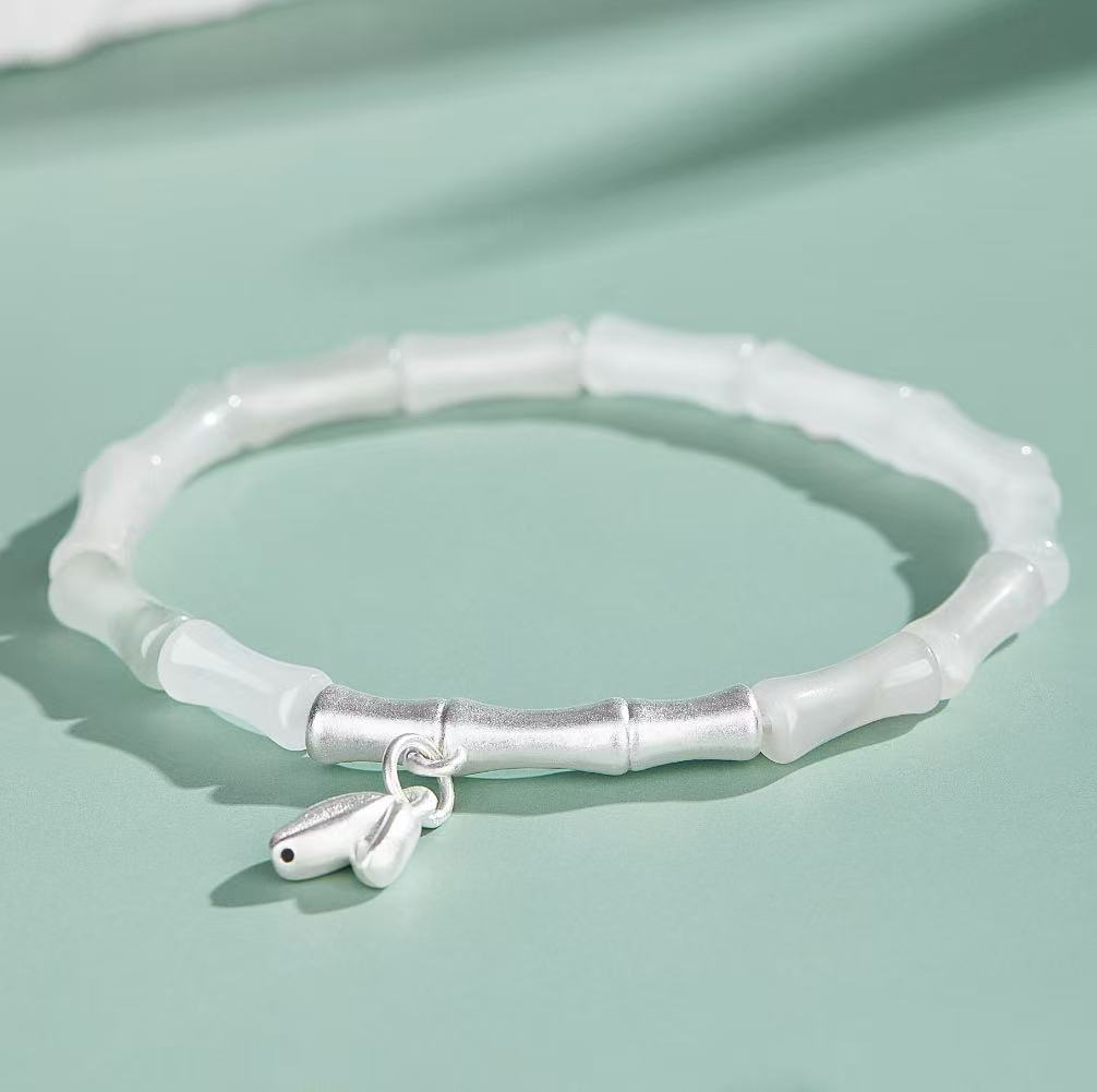 White Jade Fengshui Silver Bangle