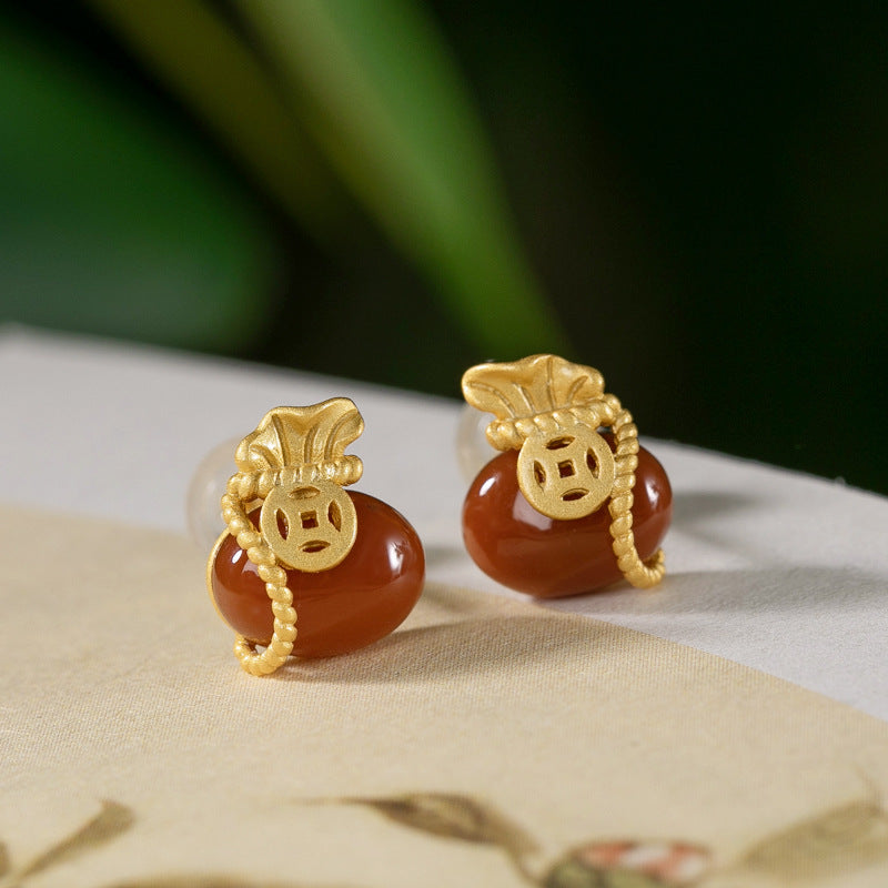 Red Agate Fortune Bag Earrings – 18K Gold-Plated Sterling Silver Studs