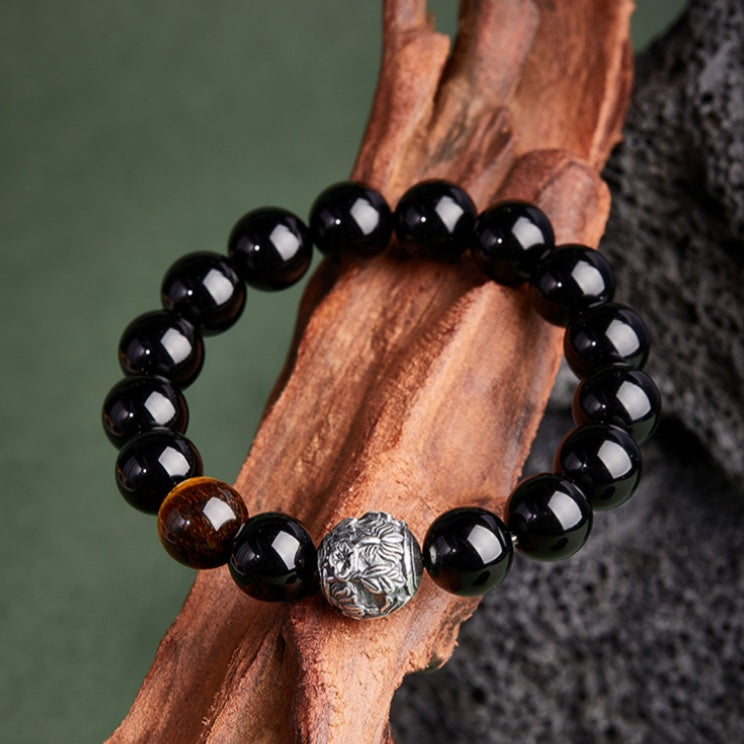 Chasing Light-Obsidian & Tiger's Eye Silver Bead Bracelet