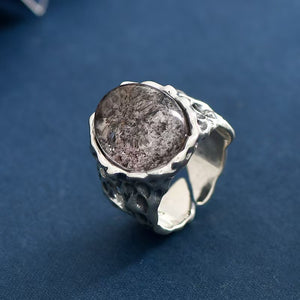 Black Ghost Crystal Classic Wide Band Silver Ring-Stress Relief and Emotional Balance