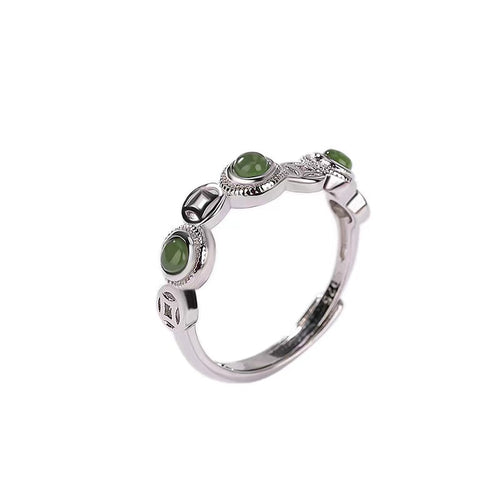 Money Coin Green Jade Silver Ring-Luck Prosperity