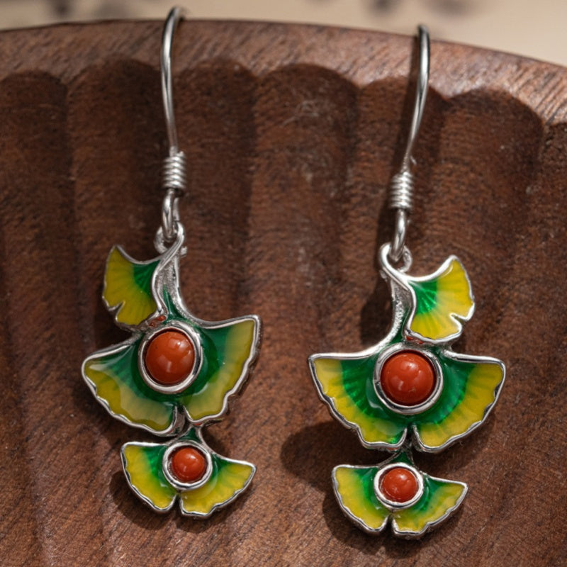 Ginkgo Leaf Red Agate S925 Silver Earrings-Autumn Poise