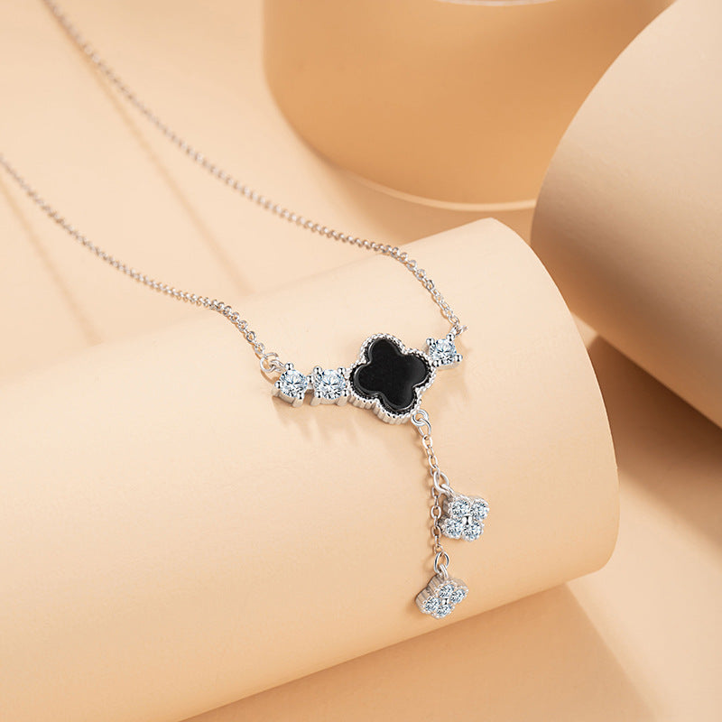 Clover Black Agate Tassel Necklace-A Sincere Heart