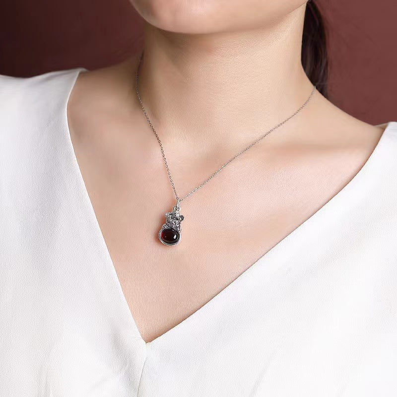 Tsai Shen Red Amber Silver Necklace-Attract Luck