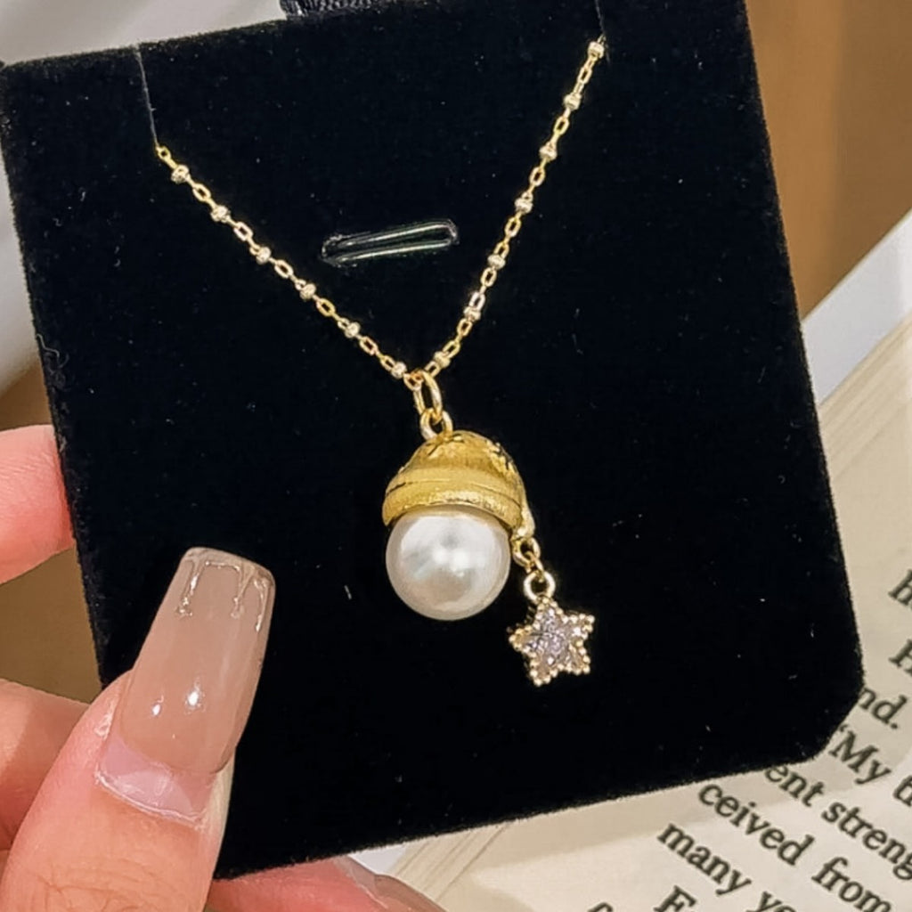 A Little Holiday Joy-Christmas Hat Pearl and Star Necklace