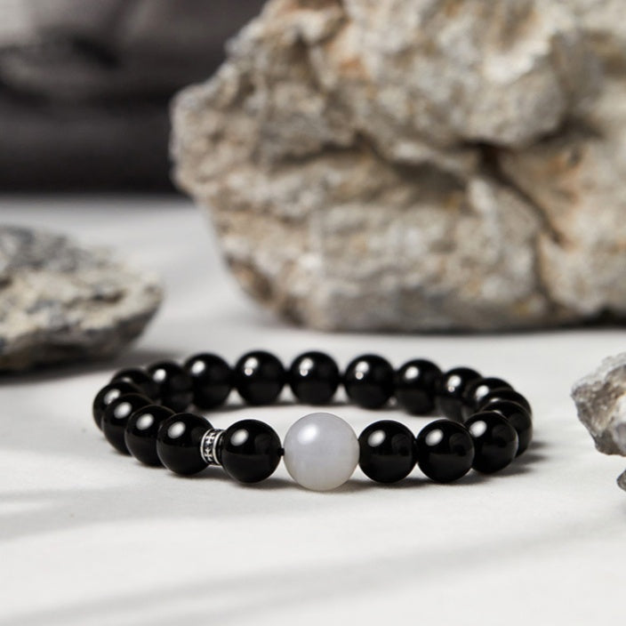 Obsidian & Cloud Quartz Bead Bracelet-Inner Completeness