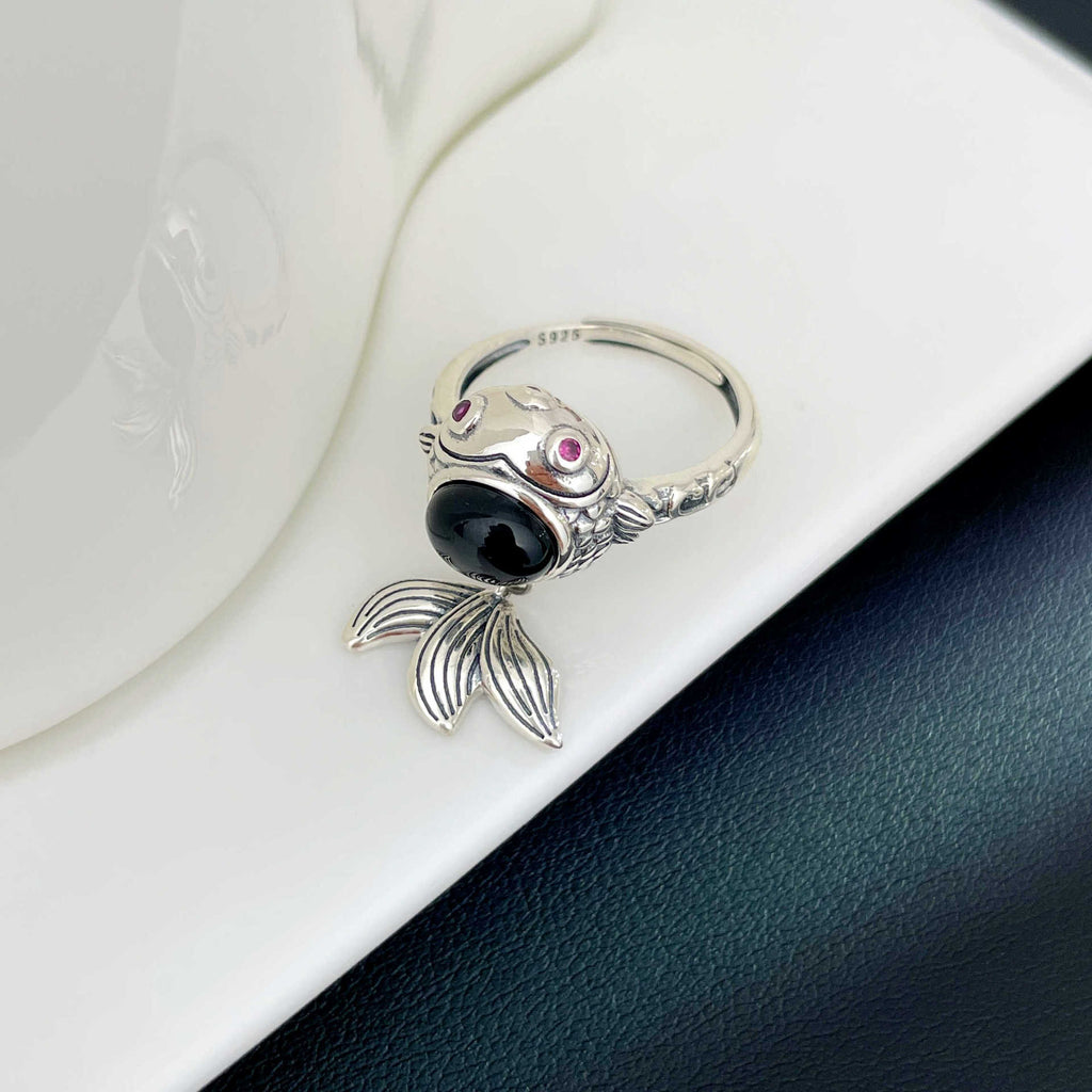 Carp Black Agate 925 Sterling Silver Ring-Auspicious Abundance