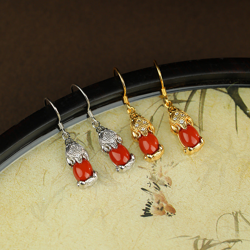 Pixiu Red Agate Drop Earrings-Wishes for Prosperity