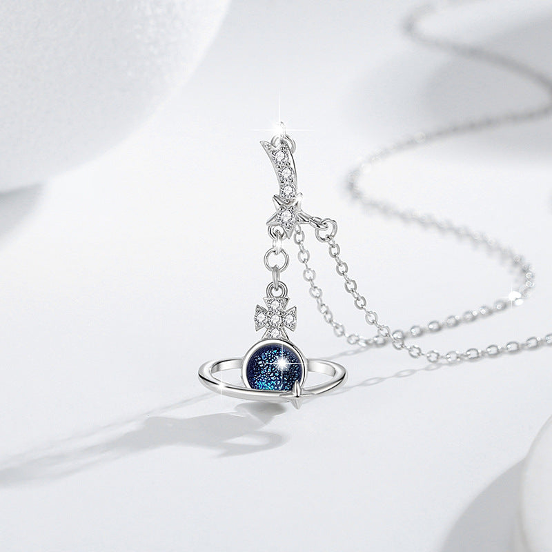 Saturn & Shooting Star Sterling Silver Necklace-Celestial Romance