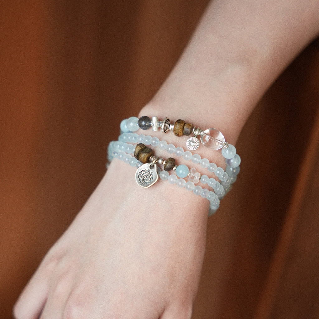 Aquamarine & Agarwood Wrap Bracelet Necklace-Morning Light