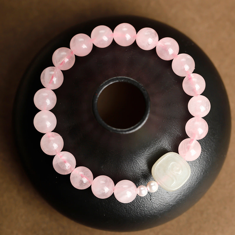 White Jade Zashi Lhamo Rose Quartz Bracelet-Auspicious Encounters