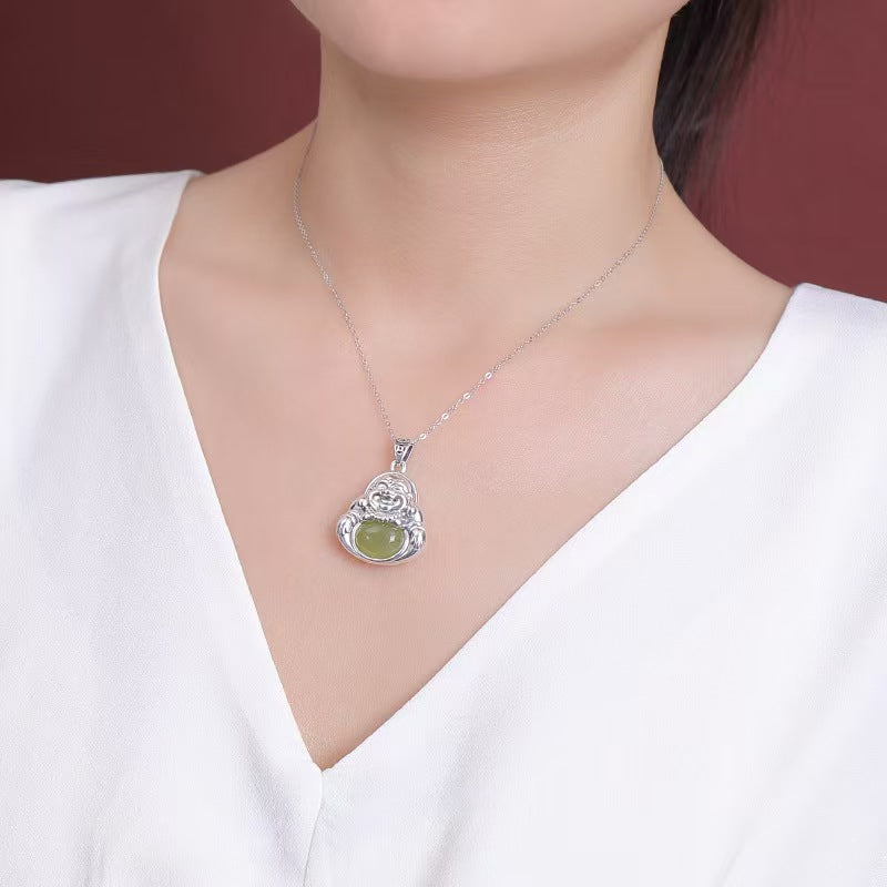Laughing Buddha Green Jade Pendant-Positivity and Wealth
