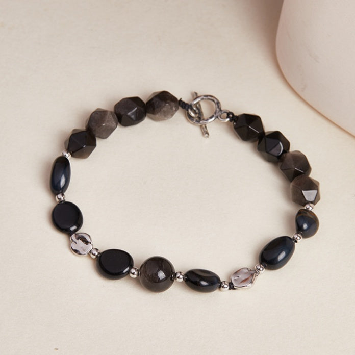 Quiet Wisdom-Rhombus Silver Sheen Obsidian Blue Tiger's Eye Bracelet