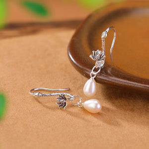 Silver Lotus Flower Pearl Earrings-Peace and Harmony