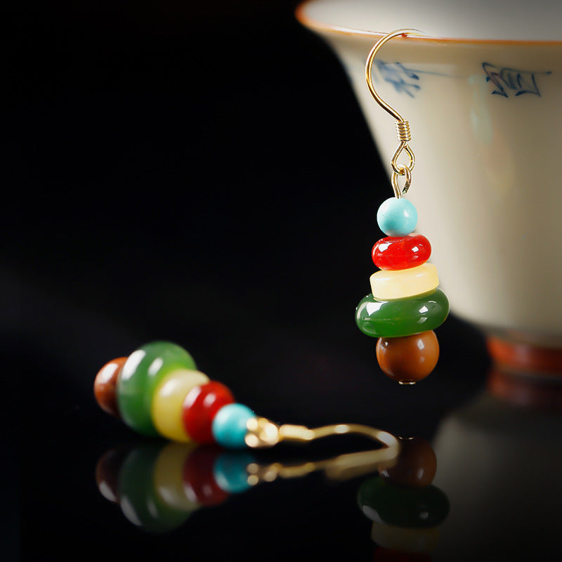 Hetian Jade Amber Five-Stone Earrings-Layered Harmony