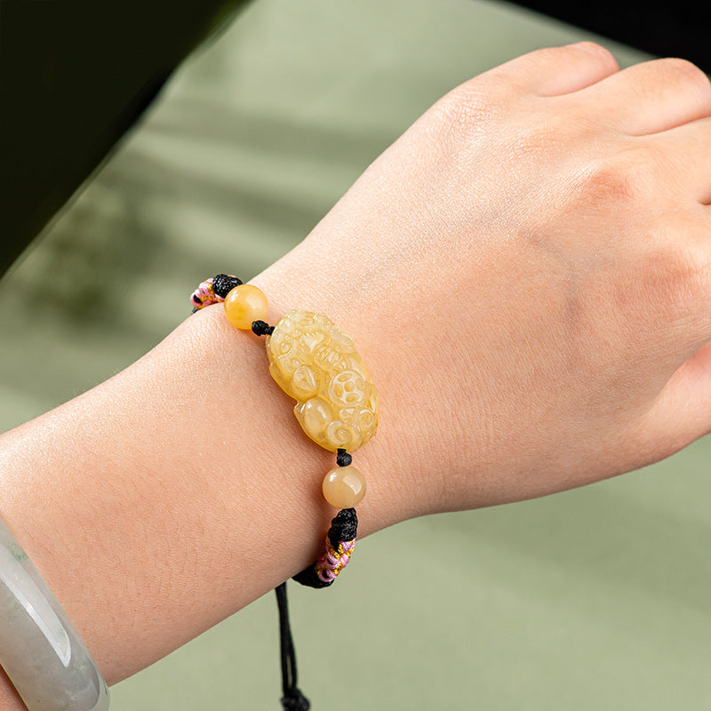 Hand-Woven Golden Silk Jade PiXiu Bracelet – Protection, Peace & Vitality