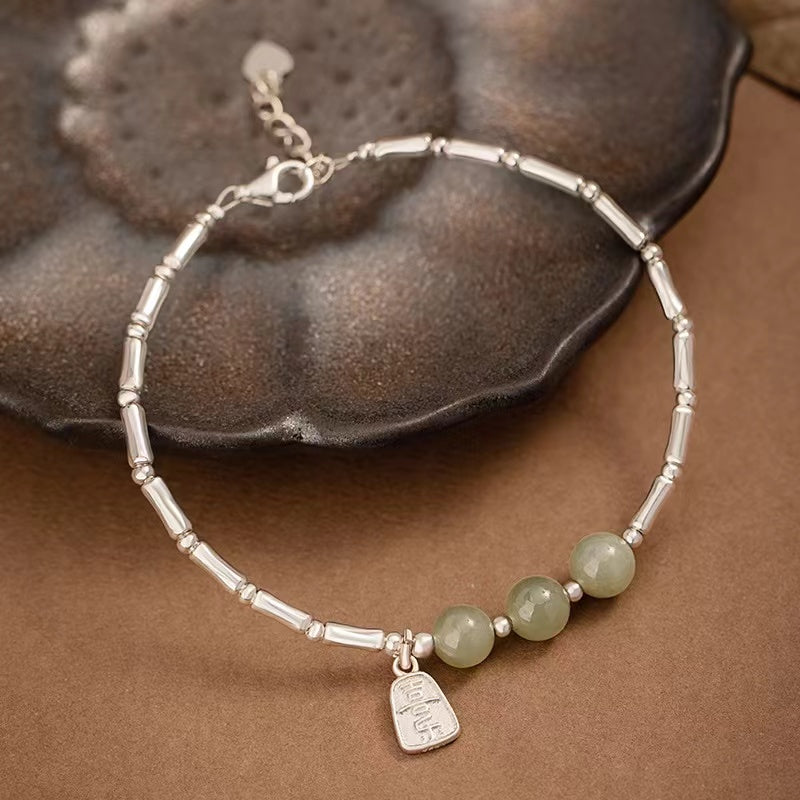 Jade Beads Bamboo Silver Bracelet-Good Fortune and Prosperity