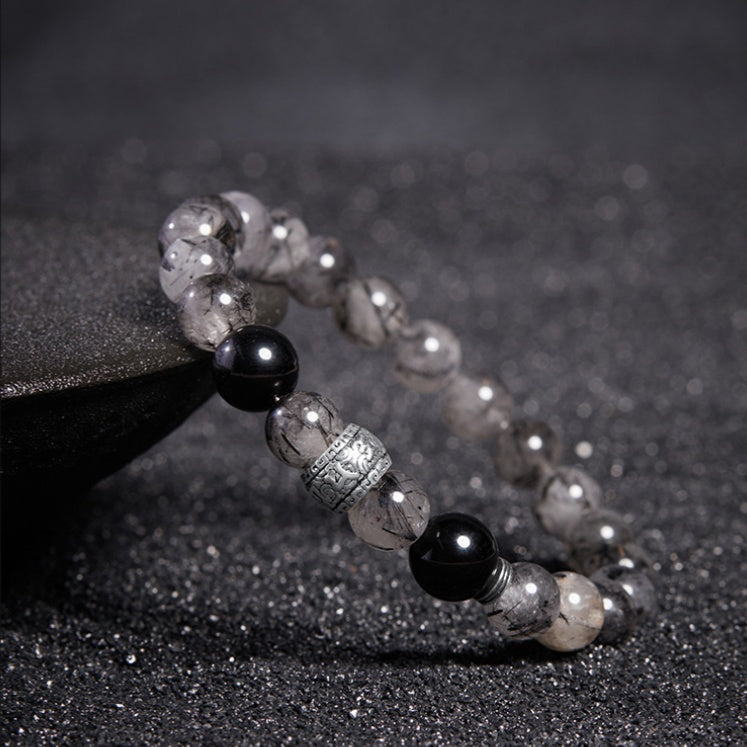 Obsidian and Black Rutilated Quartz Beaded Bracelet-Echoes of Wisdom
