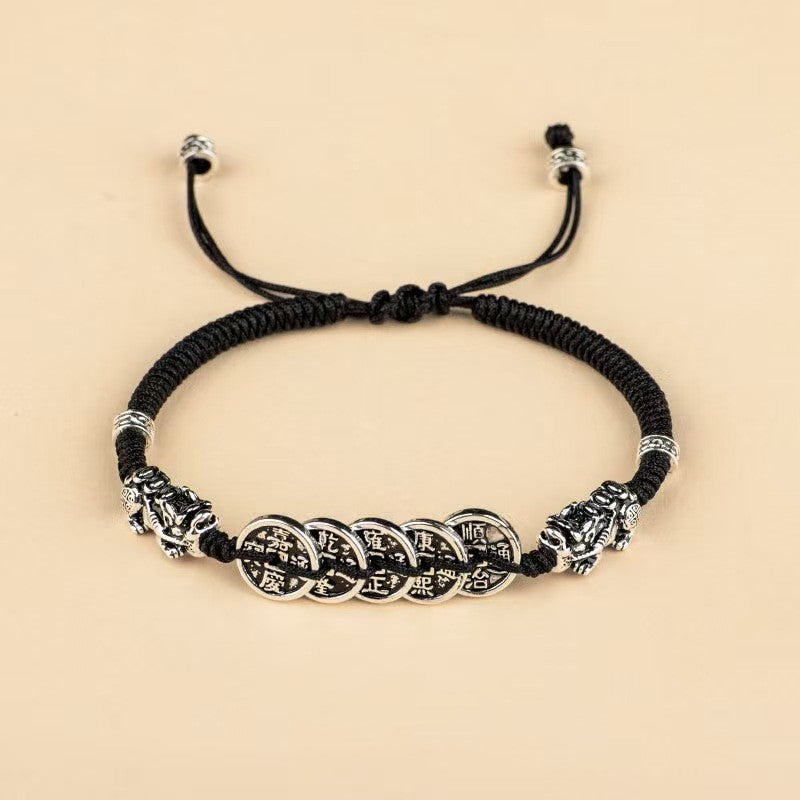 Black cord bracelet variation with five silver coins and matching Pixiu charms