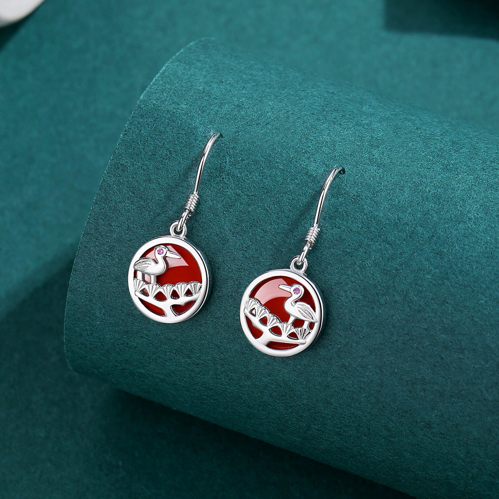 Crane Red Agate Sterling Silver Drop Earrings-A Wish for Long Life