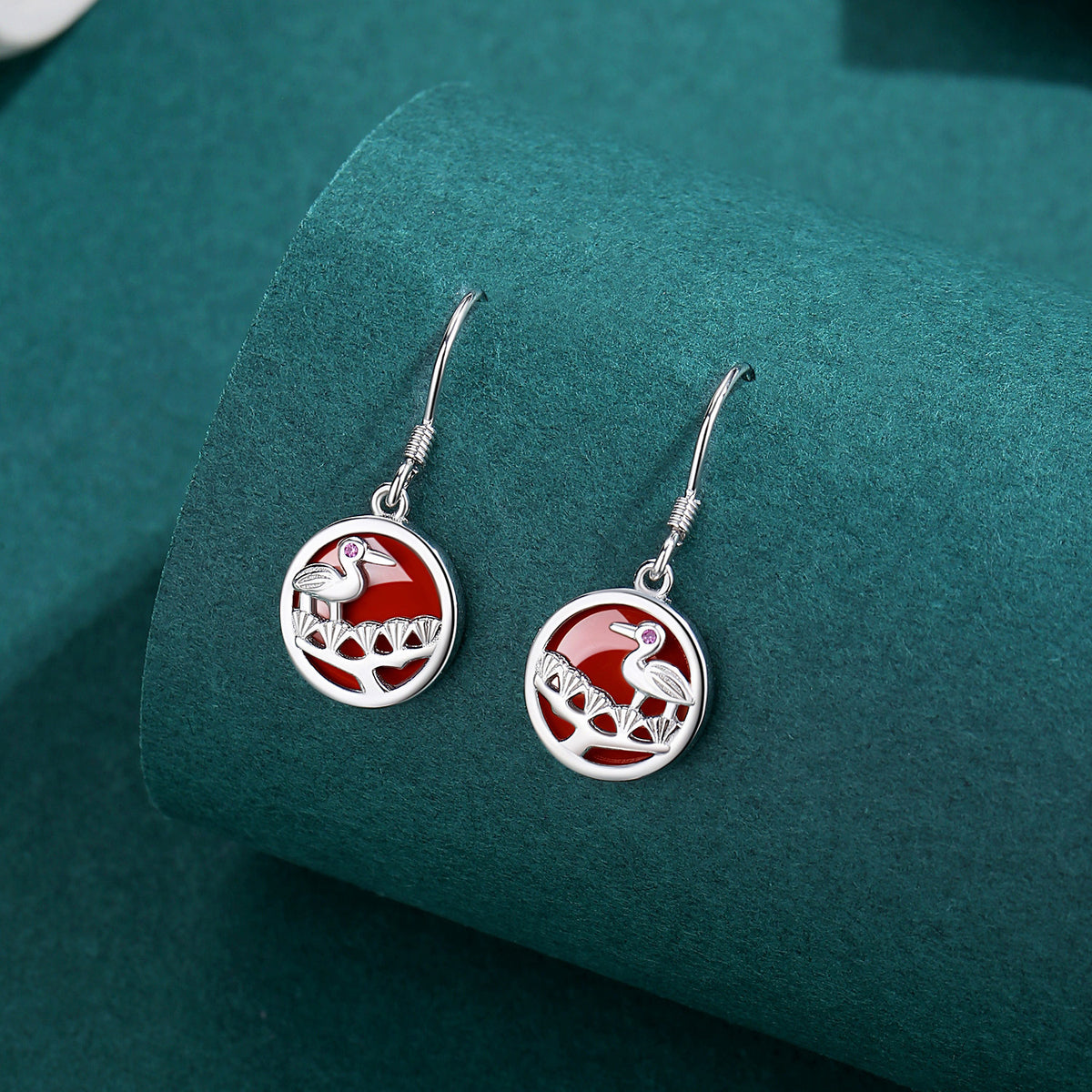Crane Red Agate Sterling Silver Drop Earrings-A Wish for Long Life