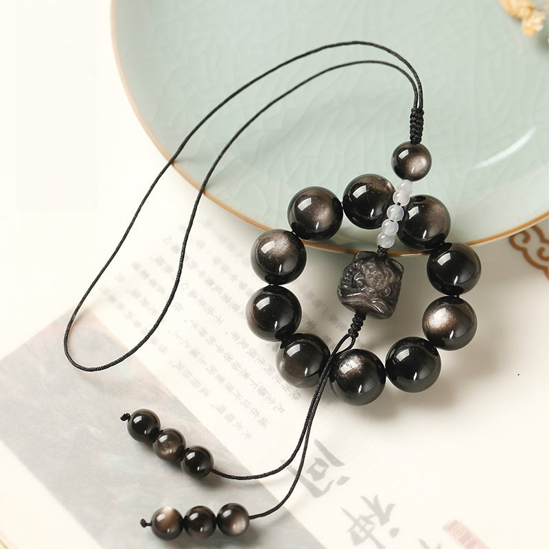 Silver Obsidian Lion Dance Car Charm-Safe Travels