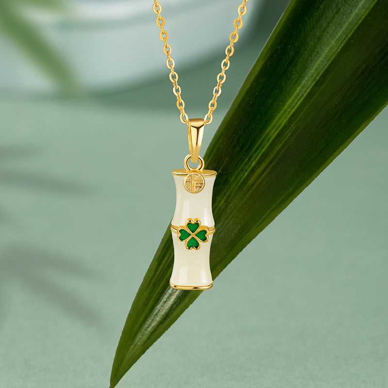 A Wish for Peace and Happiness-Bamboo Clover Nephrite Jade Necklace