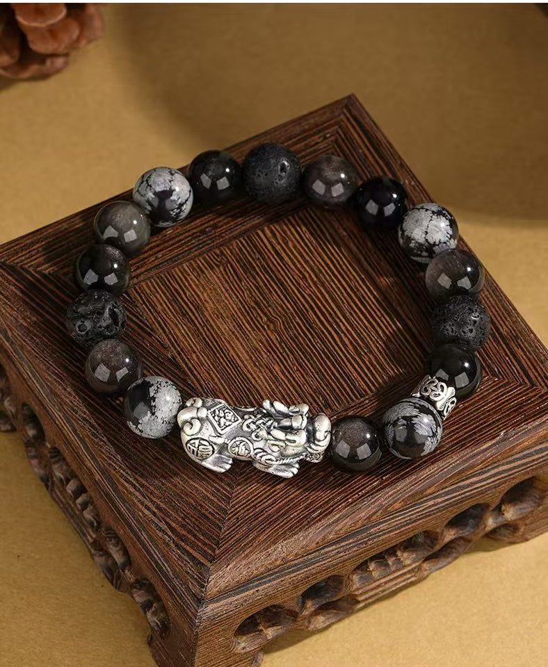 Guardian Flow Pixiu Obsidian & Lava Stone Silver Bracelet