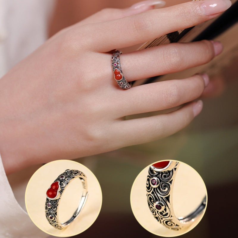 Lasting Blessings-Gourd & Cloud Red Agate Silver Ring