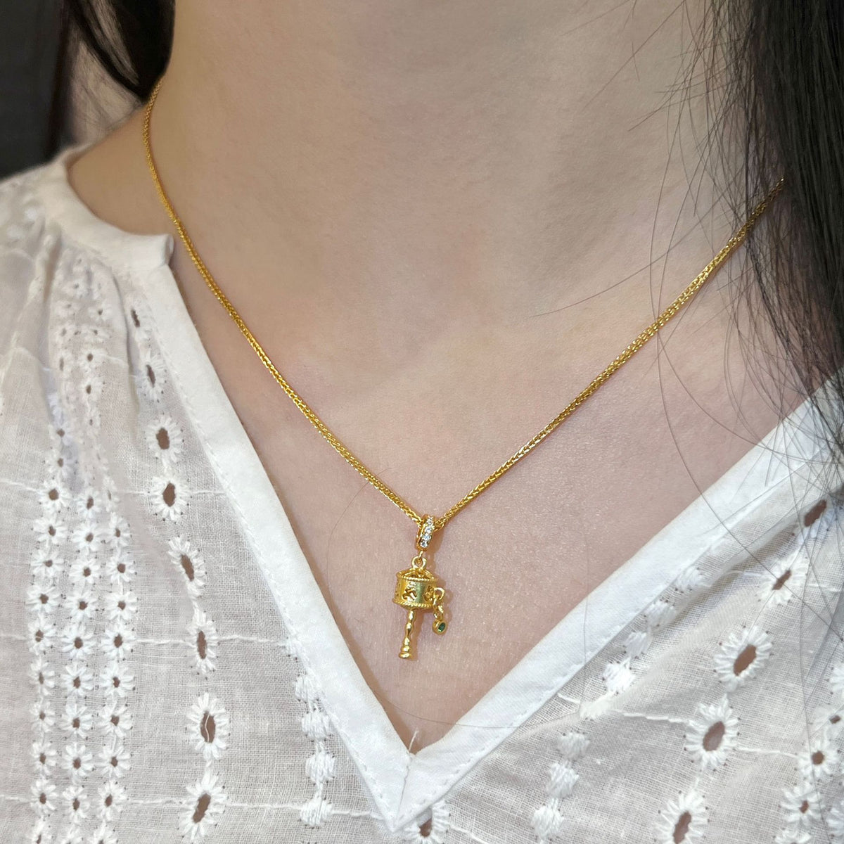 Green Agate Tibetan Prayer Wheel Gold-Plated S925 Silver Necklace-Quiet Motion