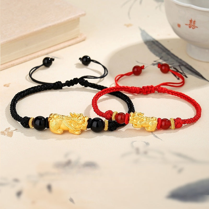 Golden Pixiu Couple String Bracelets – Lucky & Protection Red and Black String Set