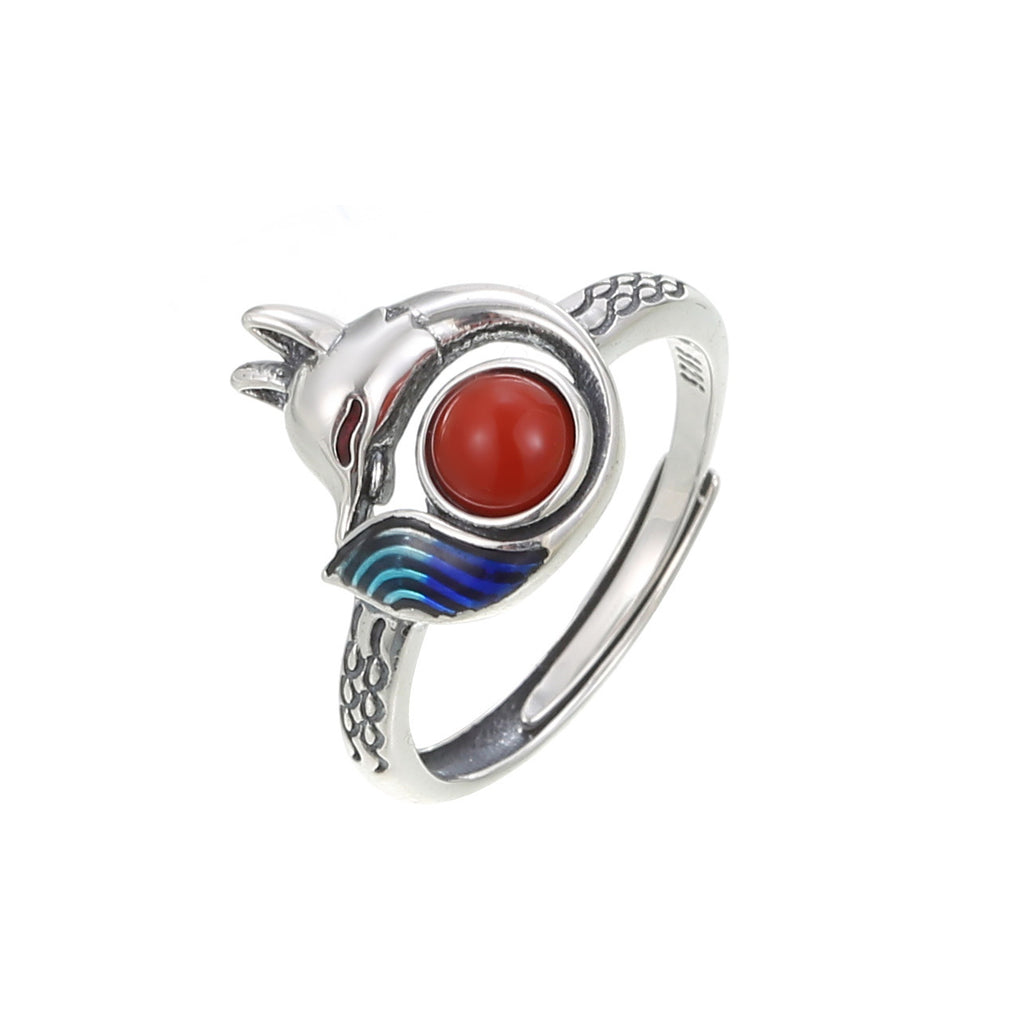 Playful Spirit-Fox Blue Enamel & Nanhong Agate Silver Ring