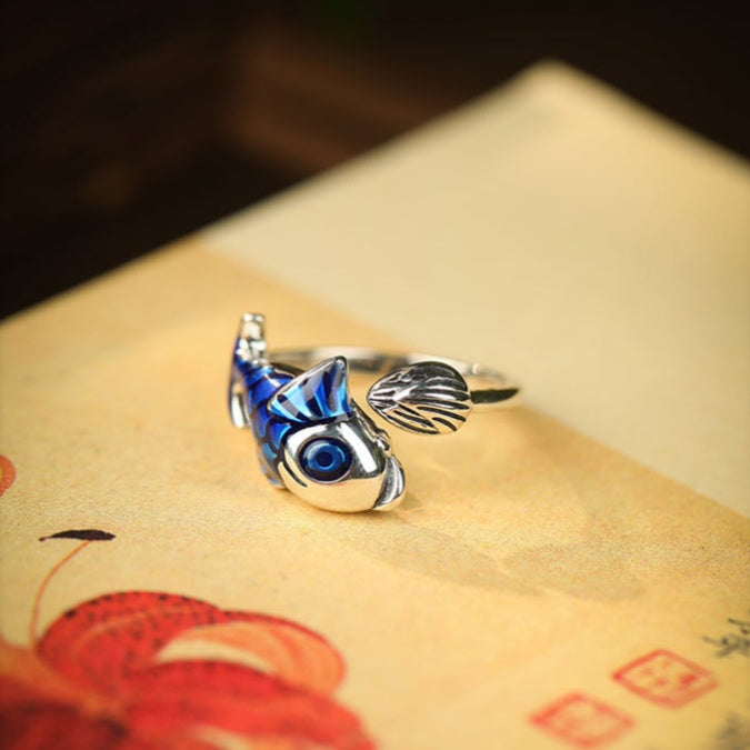 A Wish for Plenty-Koi & Lotus Enamel Silver Ring