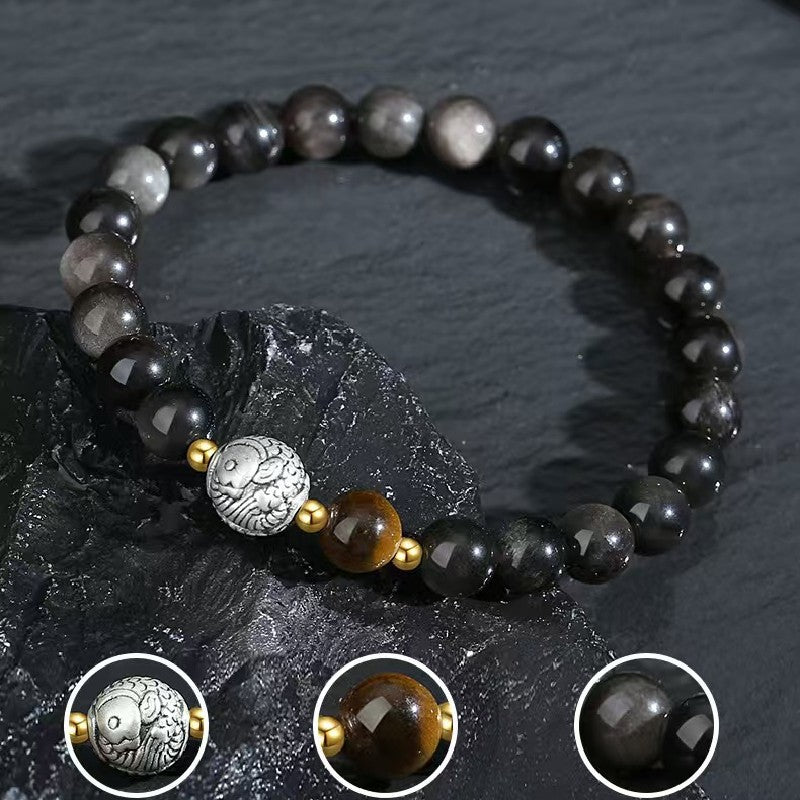 Silver Koi Fish Obsidian Men`s Bracelet-Prosperity Luck