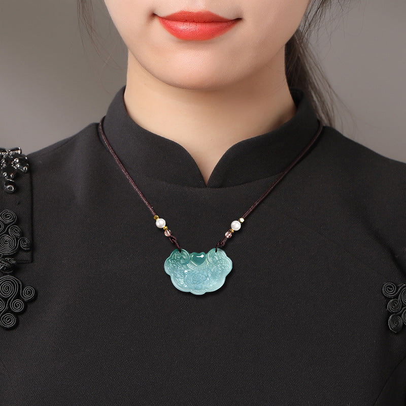 Fortune Bloom Protection Ruyi Jade Pendant Necklace-Emerald Ruyi Guardian