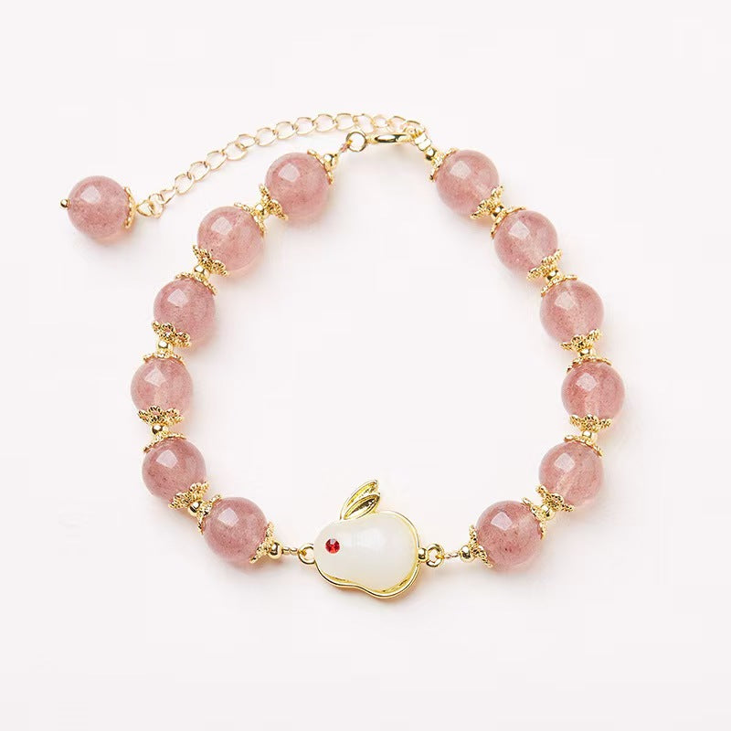 White Jade Rabbit Strawberry Quartz Bead Bracelet-Luck and Prosperity