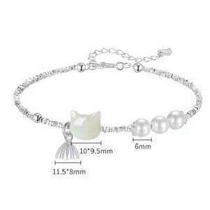 Lucky Cat White Jade Silver Nugget Bracelet-Fortune&Prosperity