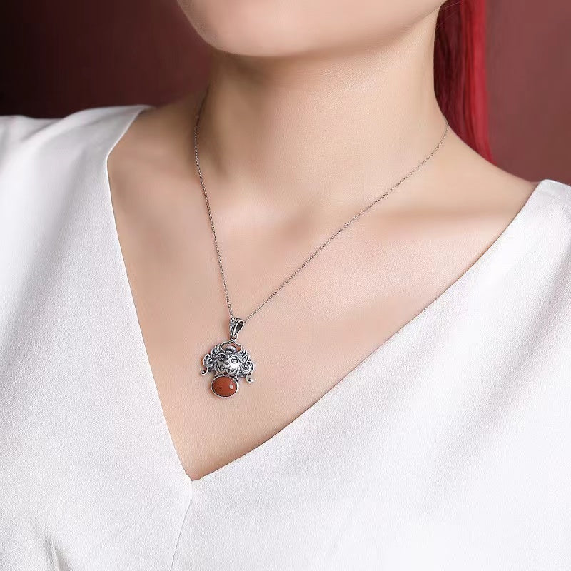 Zodiac Dragon Red Agate Silver Necklace-Luck Prosperity