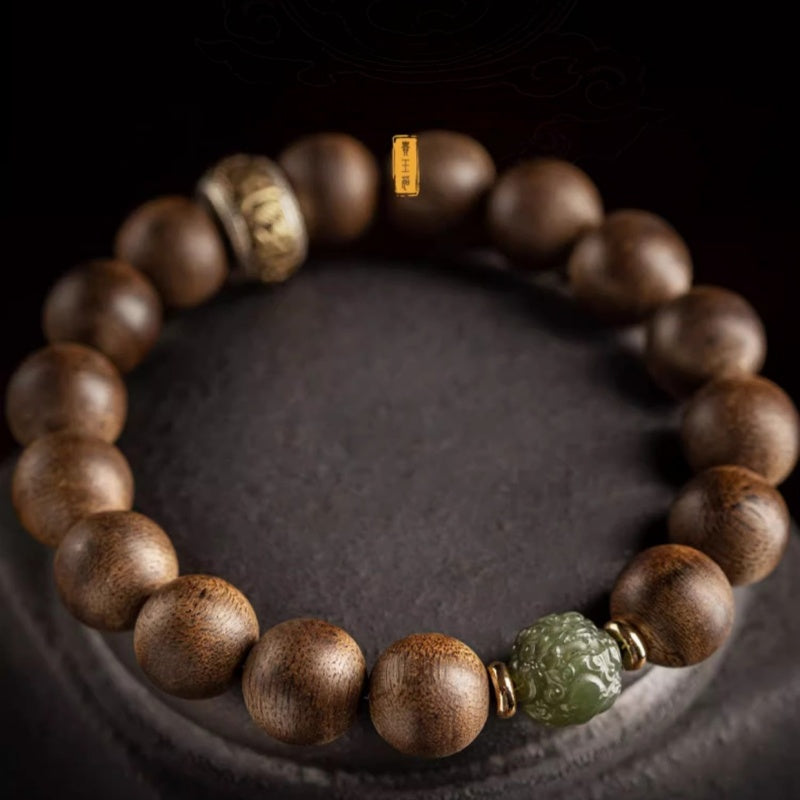 Agarwood Bracelet with Hetian Jade Pixiu & Mantra Bead-Steady Fortune