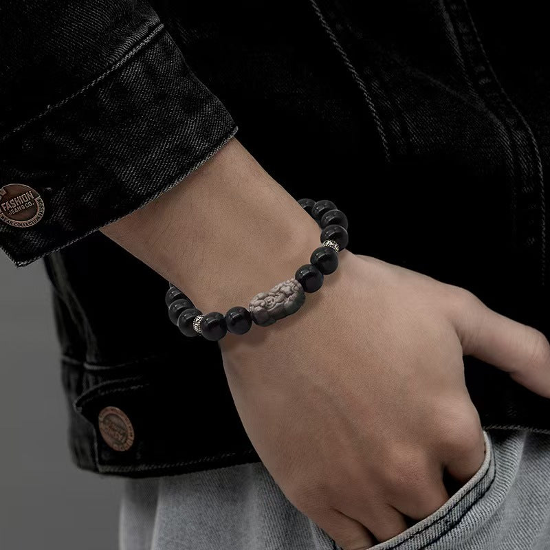 Silver Obisidian Pixiu Six True Words Bracelet-Attract Luck