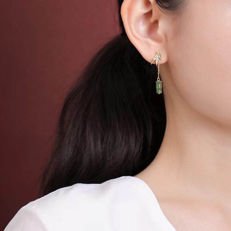 Green Nephrite Bamboo Drop Earrings-Prosperity Luck