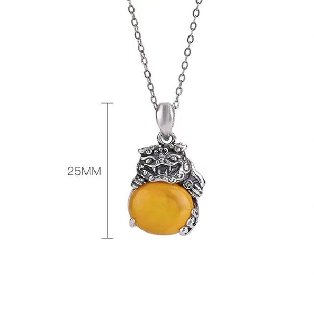 Pixiu Yellow Agate Silver Necklace -Balance and Prosperity