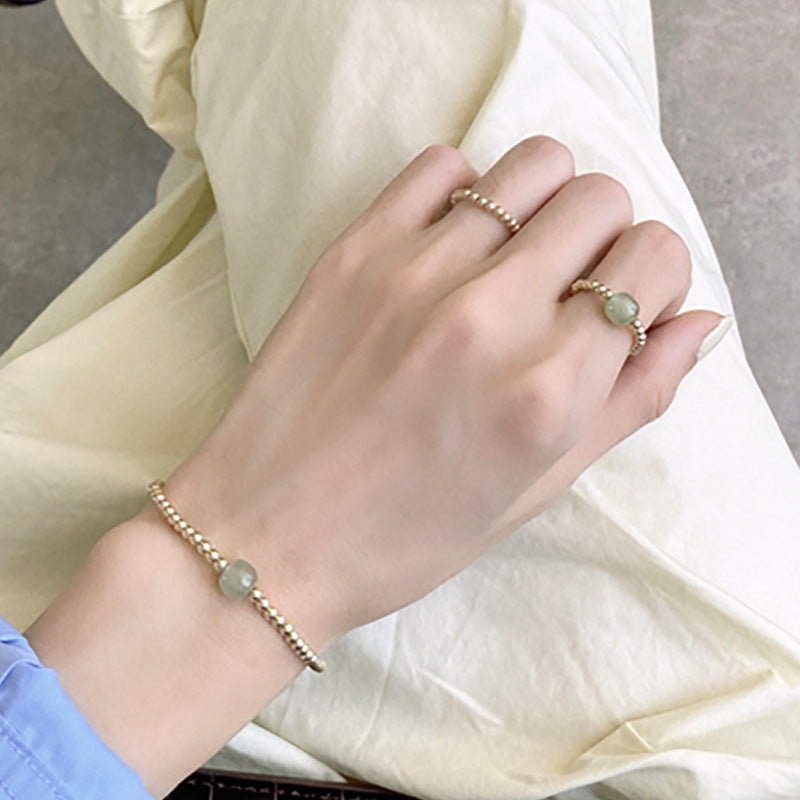 Nephrite Jade and Gold-Plated Silver Bead Bracelet-Quiet Balance
