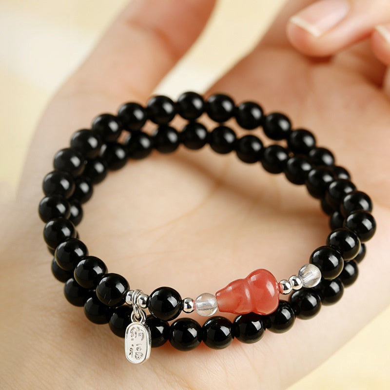 Pink Agate Gourd Obsidian Double-Wrap Bracelet-Calm Intention