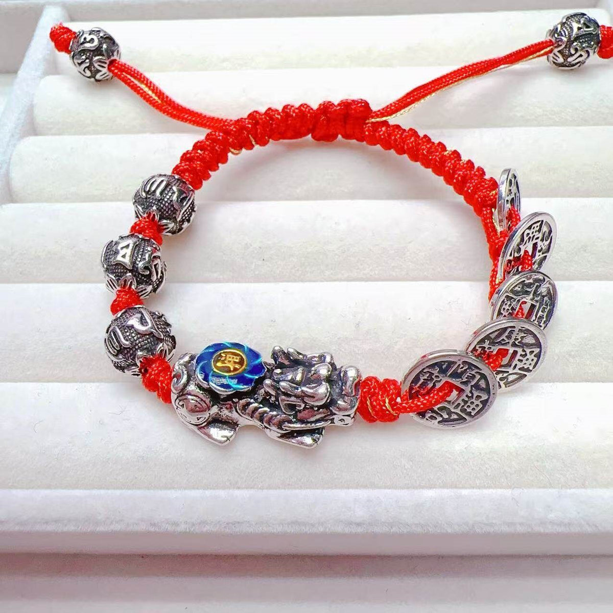 Five Emperor Coins & Pixiu Silver Cord Bracelet-Prosperity & Protection