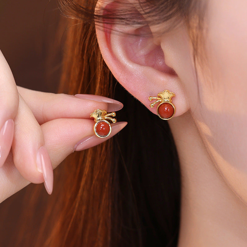 Fortune Bag Red Agate Stud Earrings-Little Wishes to Keep