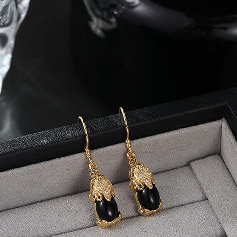 Wealth and Protection-Pixiu Black Agate Drop Earrings
