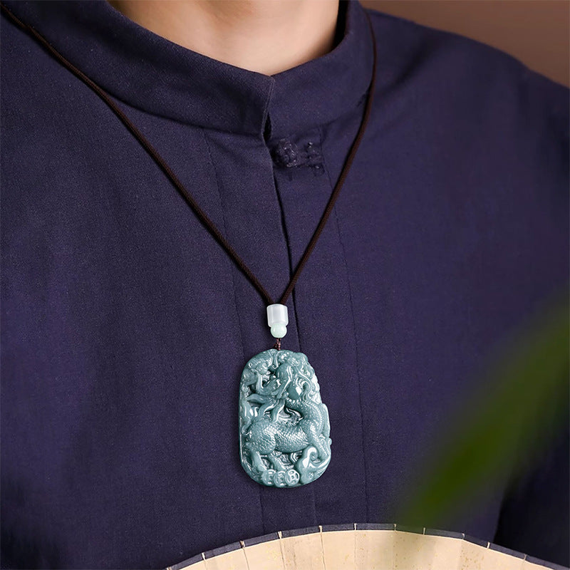 Natural Grade A Blue Jadeite Qilin Pendant – Ice Variety Jade Necklace for Men