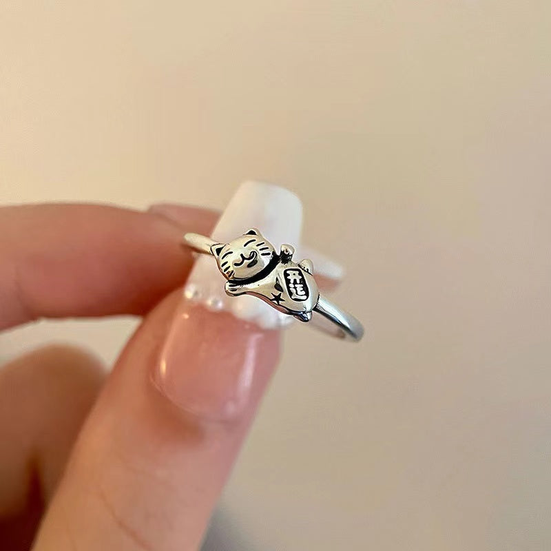 Maneki Neko Cat Silver Ring-Good Fortune and Luck